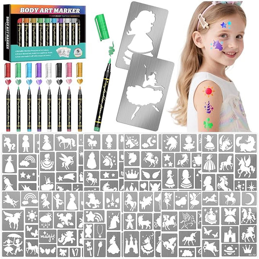 Unicorn Temporary Tattoo Markers for Skin, 8 Metal Body Markers + 169 Large Princess Rainbow Tattoo Stencils for Kids Adults, Cosmetic-Grade Tattoo Ink, DIY Body Art Party Favors for Women Men