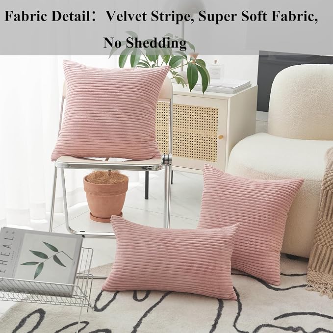 Home Brilliant Pink Throw Pillow for Bedroom Stripe Plush Velvet Corduroy Throw Euro Pillow Sham Decorative Pillow Cover for Sofa Wedding for Room, 26 x 26 inch (66cm), Baby Pink