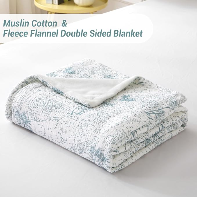 Viviland Cotton Blanket Muslin Blankets for Adult Reversible Flannel, Gifts for Women, Cozy and Soft for All Seasons, Home Decor Throw for Sofa, Chair, Coastal Toile, 50x70 inches