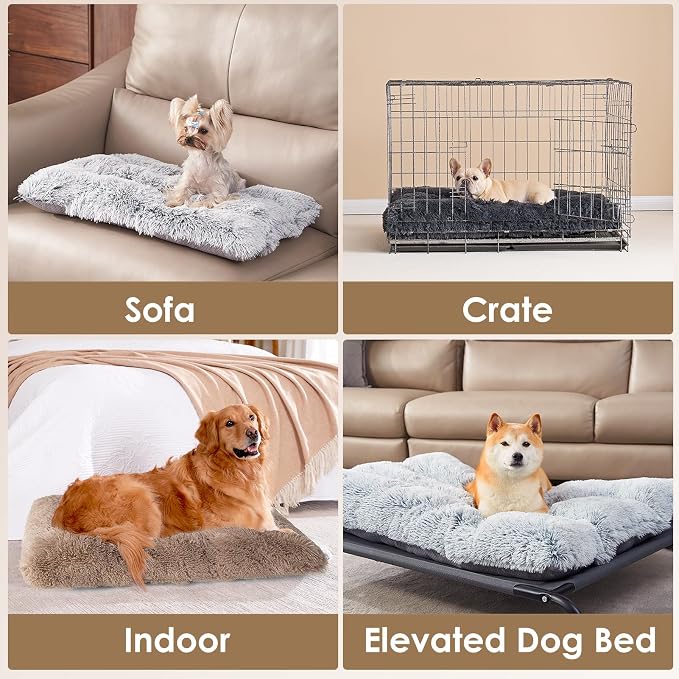 EHEYCIGA Fluffy Dog Crate Bed, Plush XX Large Dog Pillow, Camel | Xlarge Calming Anti Anxiety Plush Faux Fur Mat for Large size dogs, Washable Soft Warm Dog Pad with Non-Slip Bottom