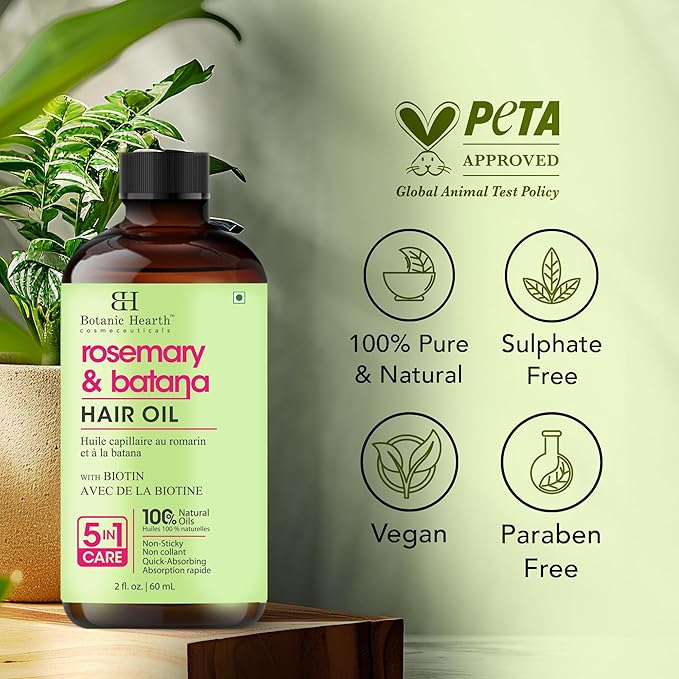 Botanic Hearth Hair Oil for Hair Growth & Hair Treatment Oils | Strengthening Dry, Frizzy, Damaged Hair & Scalp Treatment | Rosemary Batana Hair Oil – 2 Fl Oz