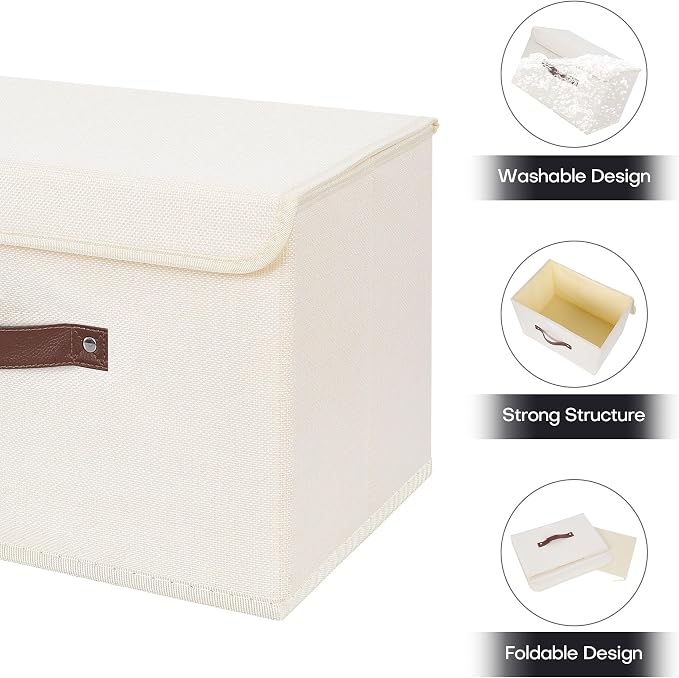 ANMINY Fabric Storage Box Bins with Lids, Beige, 15"x10"x10", 2 Pack | Keepsake Memory Storage, Cotton Linen, PP Board Reinforced, Washable, PU Handles, Foldable & Stackable, Decorative, Large
