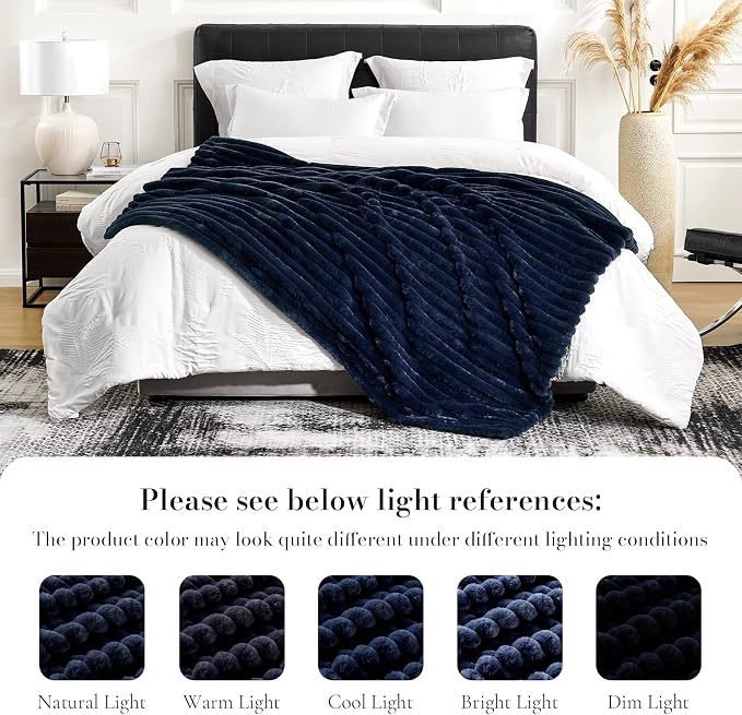 Faux Fur Throw Blanket for Couch, Cozy Fuzzy Fluffy Fur Luxurious Soft Striped Plush Gift Blankets for Family Sofa Chair Bedroom, 55"x70", Navy Blue