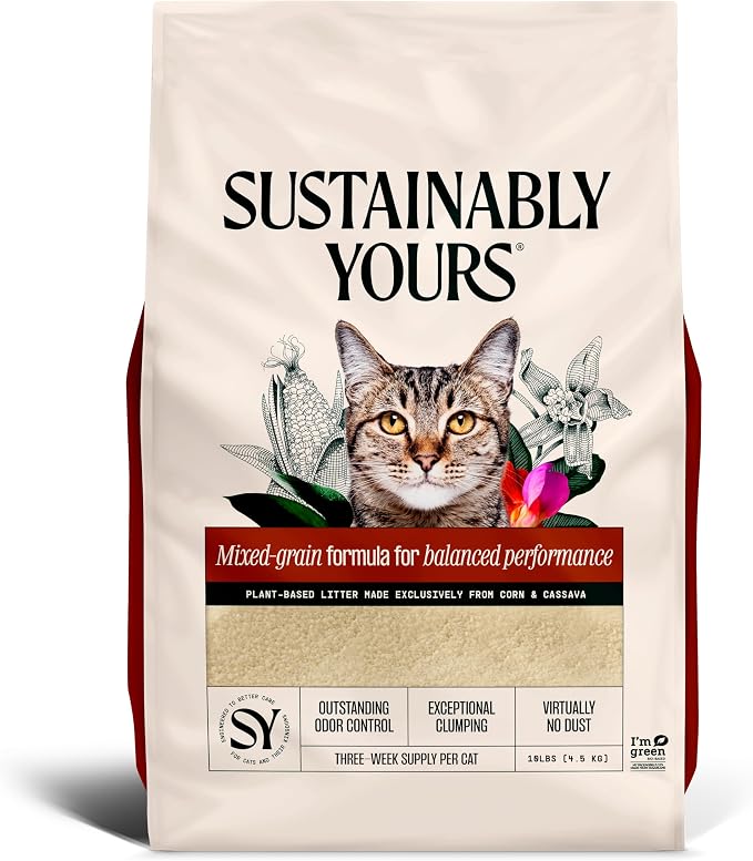 Sustainably Yours Natural Cat Litter, Mixed-Grain Formula, Exceptional Clumping & Odor Control, Virtually No Dust, Easy to Scoop, Corn & Cassava Plant-Based, Unscented, 10 lbs