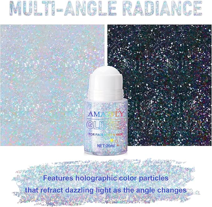 Roll-on Holographic Body Glitter Gel for Face and Hair, Chameleon Color Changing Glitter Gel Under Light, Chunky Mermaid Sequins Festival Party Rave Accessories Body Shimmer Makeup (Glint-Rainbow)