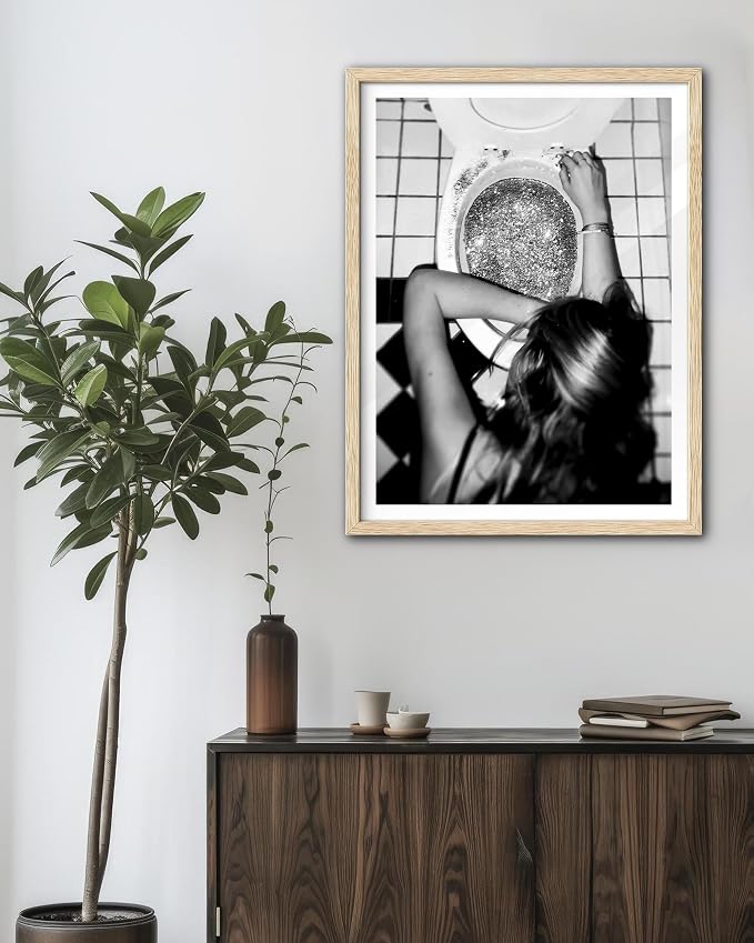 EcoHest 16x20 in After the Disco Party Framed Wall Art for Bathroom | Solid Oak Wood Frame, Canvas Wall Art, Black & White Funny Wall Decor for Bathroom, Bedroom, Dorm Room, College Room, 1Pack