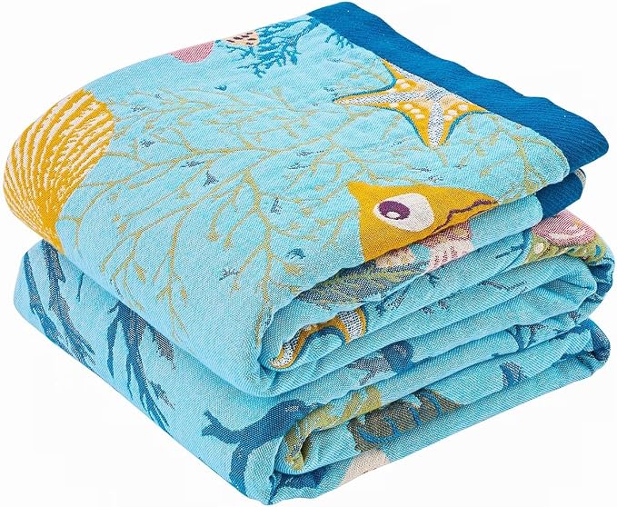 XIBLC Boho Throw Blanket 100% Cotton Vintage Blanket Muslin Woven Flower Decorative Throw Blankets All Season Bohemian Rustic Farmhouse Decor Quilt for Bed (Blue 80"x90")