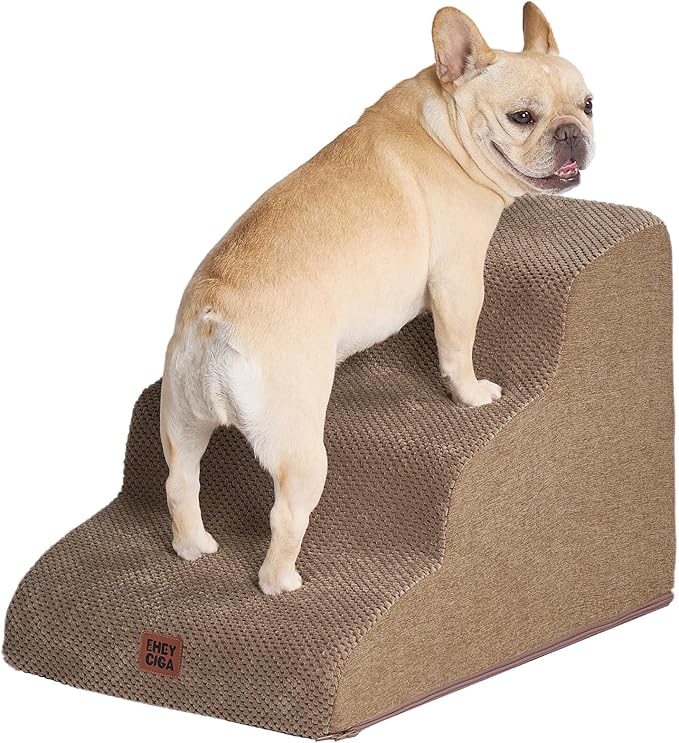 EHEYCIGA Curved Dog Stairs Ramp, 3-Step Dog Steps, 15.7" H Pet Step | 33D density of pure foam, for Small Dogs and Cats, Pet Stairs for High Bed Climbing, Non-Slip Balanced Indoor, Camel