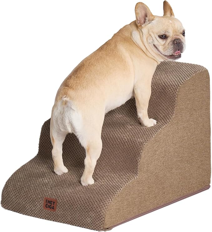 EHEYCIGA Curved Dog Stairs Ramp, 3-Step Dog Steps, 15.7" H Pet Step | 33D density of pure foam, for Small Dogs and Cats, Pet Stairs for High Bed Climbing, Non-Slip Balanced Indoor, Camel