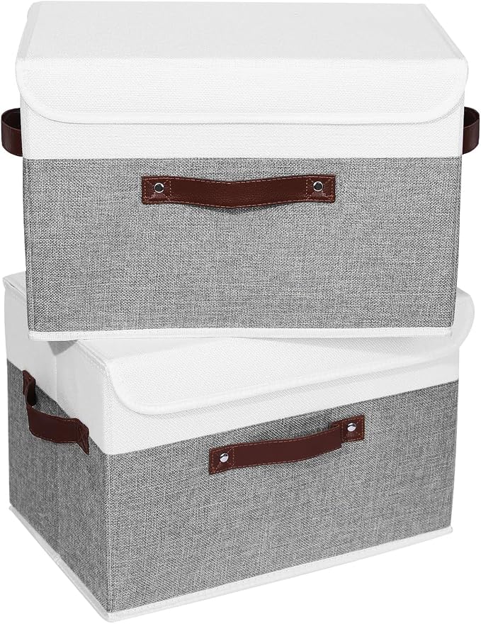 ANMINY Fabric Storage Box Bins with Lids, Gray White, 15"x10"x10", 2 Pack | Keepsake Memory Storage, Cotton Linen, PP Board Reinforced, Washable, PU Handles, Foldable & Stackable, Decorative, Large