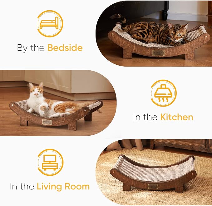 FUKUMARU Sisal Cat Scratcher Bed, Solid Wood Cat Hammock for Indoor Cats | 23.6 Inch Durable Scratching Bed, Large Cat Scratch Pad, Natural Sisal Hammock, Cat Lounger Scratcher for Sleeping (Brown)