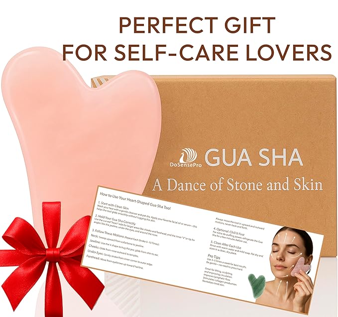 DoSensePro Rose Quartz Gua Sha Facial Tool Heart-Shaped Crystal for Puffiness, Lymphatic Drainage & Facial Sculpting – Hand-Carved Brazilian Stone for Face, Neck & Body