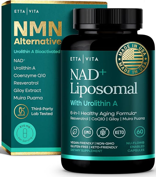 Liposomal NAD+ Supplement - Resveratrol, Urolithin A, CoQ10 & Muira Puama (Made in USA) NAD Supplement for Natural Energy, Brain Fog, Digestion, Detox, Gut Health, Microbiome, NR NMN Replacement