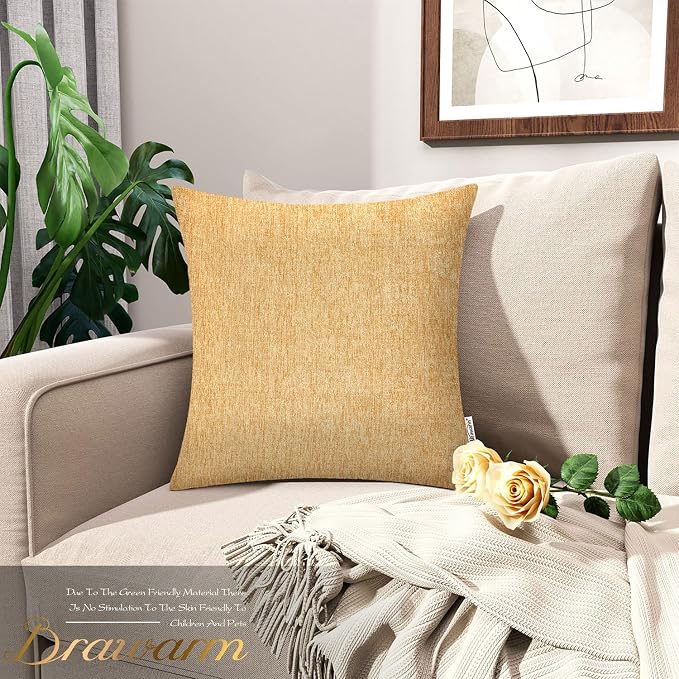 BRAWARM Throw Pillow Covers 20x20 Inches - Gold Chenille Pillow Covers Pack of 2, Solid Dyed Soft Chenille Pillow Cases for Couch Sofa Bed Home Decoration