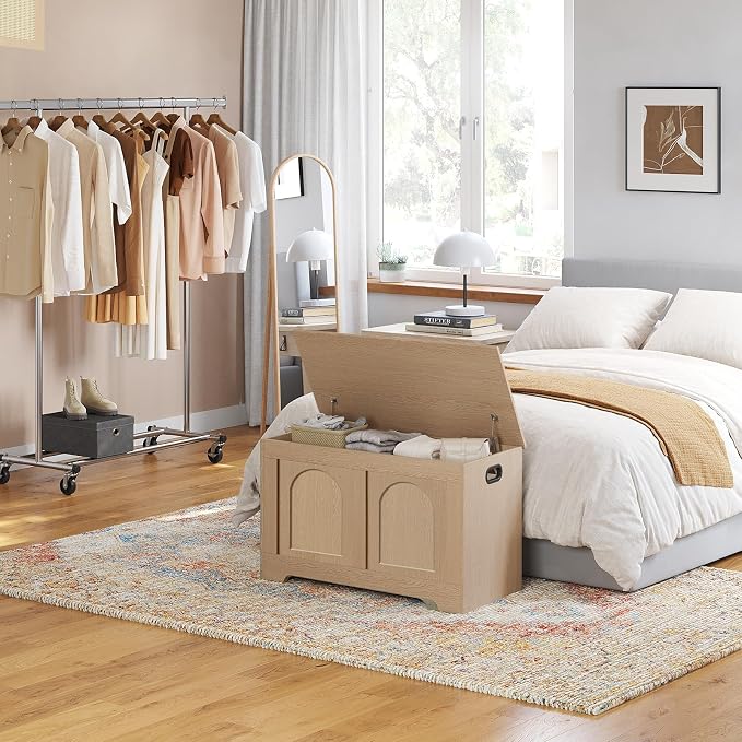 Storage Chest, Wooden Toy Box, Natural 31.5" L | Entryway Shoe Bench, 2 Soft-close Hinges, Finger-safe Flip-Top Lid, Easy Assembly, Farmhouse Large Trunk, Living Room/Bedroom