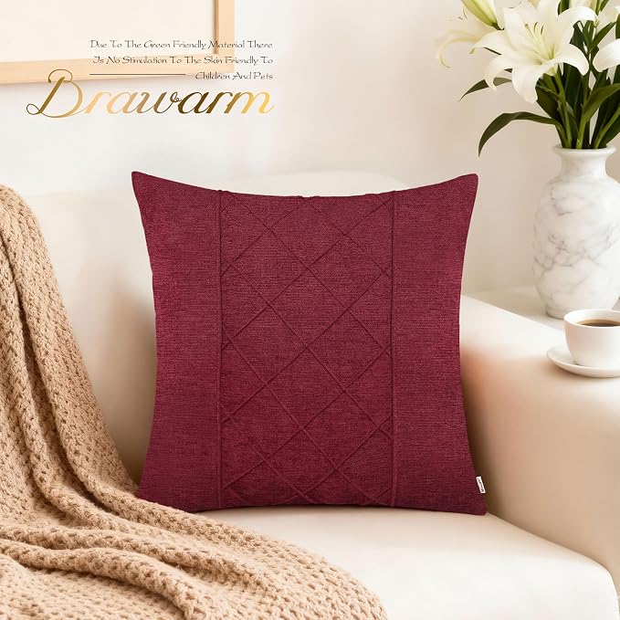 BRAWARM Chenille Throw Pillow Covers 16x16 Inches, Burgundy, 2 Pack | Decorative Pleated Pillow Covers, Soft Cushion Cases for Sofa Bed Living Room Home Farmhouse (No Insert)