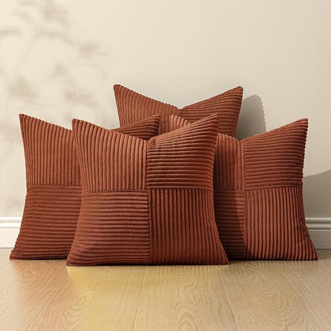 MIULEE Fall Boho Farmhouse Rust Decorative Throw Pillow Covers 18x18 Inch 4 Packs Soft Vintage Pillow Cases Modern Corduroy Patchwork Cushion Covers for Couch Sofa Bed Home Decor, Terracotta