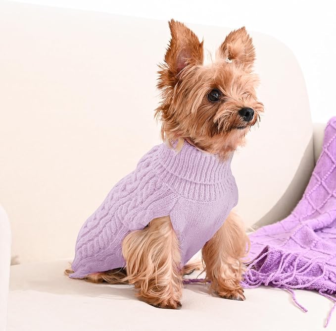 Dog Sweater 2 Pack for Small Dogs, Size XS, Pink & Purple | Stretchy cable knit turtleneck, machine washable, high belly cut, comfy winter fit for Chihuahua, Yorkie