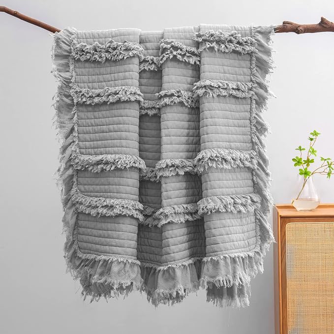 Ultra Soft Pre-Washed Quilted Boho Grey Twin Size Blankets for Bed, Ruffle Fringed Decorative Throw, Stone Washed Chic Rustic Blanket for Sofa Couch Bed, 60"*80"