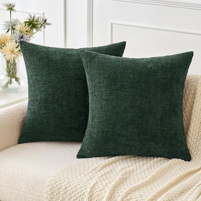 MIULEE Soft Chenille Throw Pillow Covers Green 20x20 Inch Pack of 2 | Modern Home Decor, Classic Decorative Pillows, Solid Dyed Cases, Boho Couch Cushion Covers for Sofa Bed Living Room