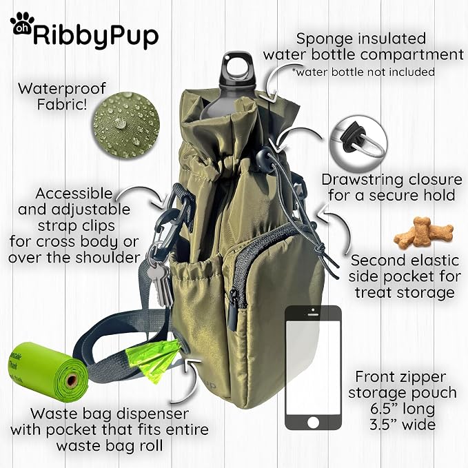 RibbyPup Waterproof Dog Walking Bag with Universal Water Bottle Holder, Built-In Poop Bag Dispenser, Unisex Cross-Body Treat Pouch - Army Green