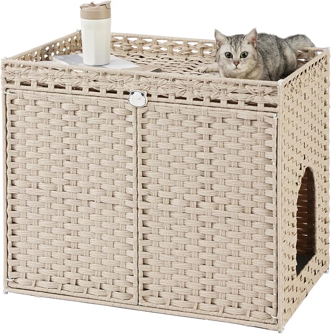 SETVSON Cat Litter Box Enclosure, XL Hidden PE Rattan, Light Khaki | Spacious Double Door PE Rattan, Spacious Nightstand & Cat Perch with Double Doors, Fits Big Litter Tray,2 S-Hooks Metal Frame