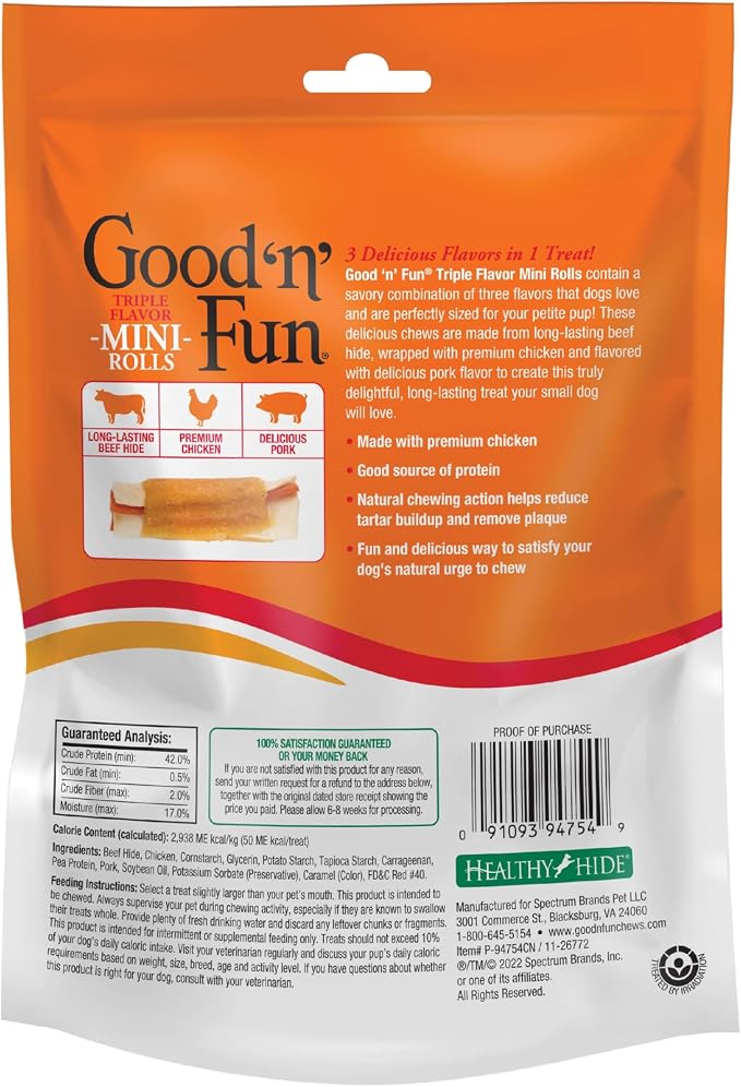 GOOD 'N' FUN Mini Roll Long-Lasting Dog Treat for Small Dogs, 8 oz | Made with Real Protein, Premium Chicken, Pork and Beef Hide Chew, Supports Dental Health, Mental Stimulation, For Adult Dogs