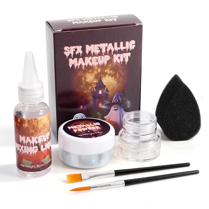 CCbeauty Silver Makeup Metallic Powder, Silver Metallic Chrome Powder For Face & Body Paint with Mixing Liquid, Shimmer Face Painting Kit For Halloween Costume Cosplay, Professional SFX Makeup Kit