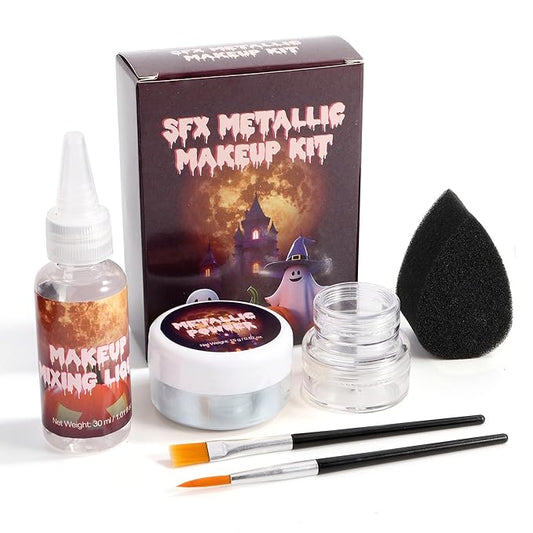 CCbeauty Silver Makeup Metallic Powder, Silver Metallic Chrome Powder For Face & Body Paint with Mixing Liquid, Shimmer Face Painting Kit For Halloween Costume Cosplay, Professional SFX Makeup Kit