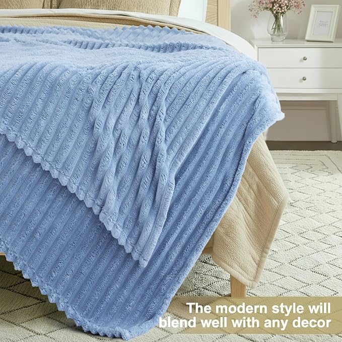 decorUhome Blue Grey Fleece Twin Blanket 60x80 Inches | Soft Couch Cozy Fluffy Plush Flannel Striped Blanket for Sofa Bed, Lightweight Decorative Ribbed Fuzzy Blanket for Woman