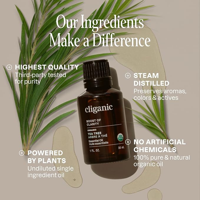 Cliganic Organic Tea Tree Essential Oil, 100% Pure Natural, for Aromatherapy | Non-GMO Verified