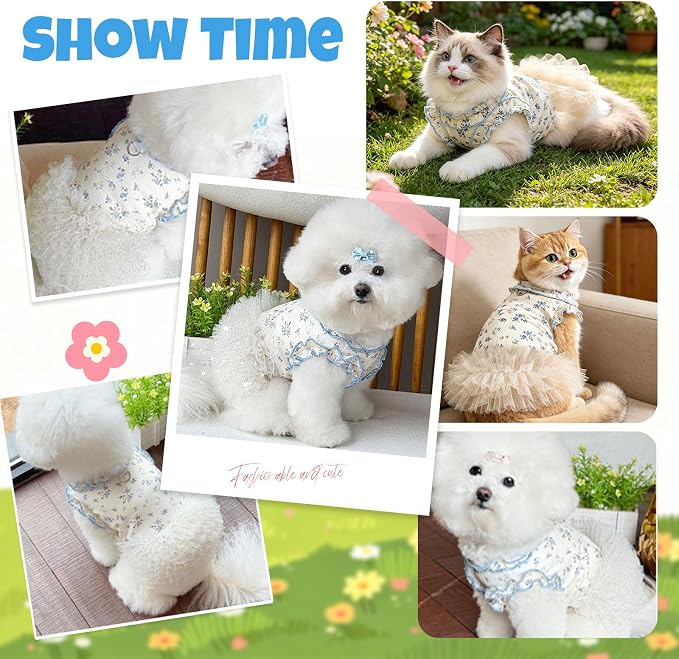 Dog Dresses for Small Dogs Girl,Floral Dog Tutu Dress,Pet Clothes for Puppy Small Cats Cute Dog Princess Skirt for Female Pet Birthday Party Outfit（Blue,Large）