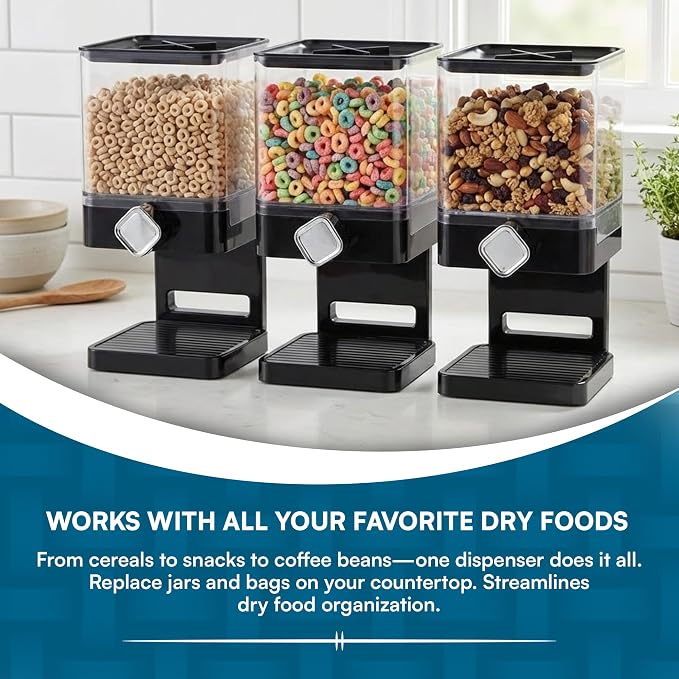 Honey-Can-Do Zevro Compact Dry Food Dispenser, Single Control, Black/Chrome