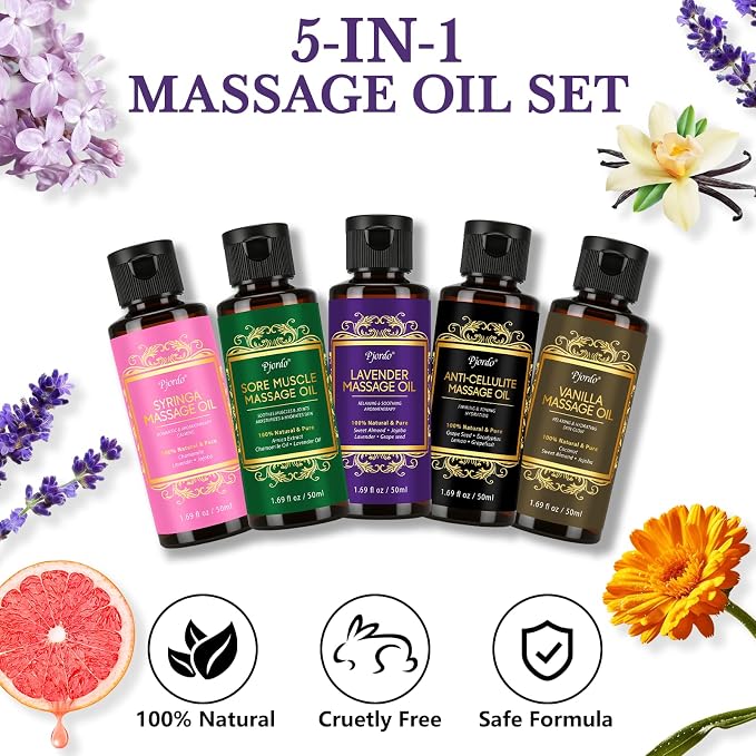 Pjordo 5 Pack Massage Oil for Massage Therapy, Lavender, Vanilla, Sore Muscle, Syringa & Anti Cellulite Massage Oil Kit for Relaxing Muscle & Soothing The Body, Home Spa Gift for Her Him