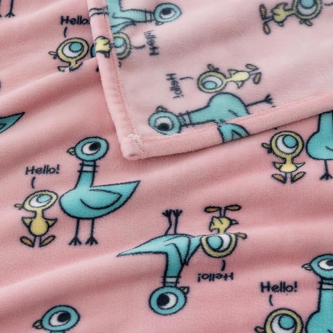 Berkshire Mo Willems® VelvetLoft® Throw Blanket - Super Soft Plush Elephant & Piggie Character Design - Cozy Home Decor, Pigeon Hello Print Pink, 50 in x 70 in(Official Mo Willems® Product)
