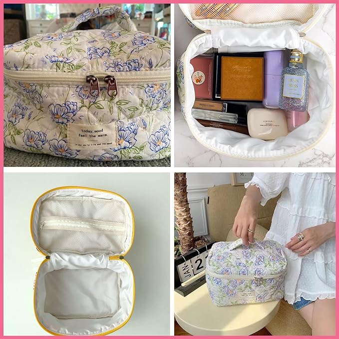 uekeboag Large Travel Quilted Makeup Bag for Women, Floral Cotton Cosmetic Bag, Coquette Aesthetic Floral Toiletry Organizer Bag