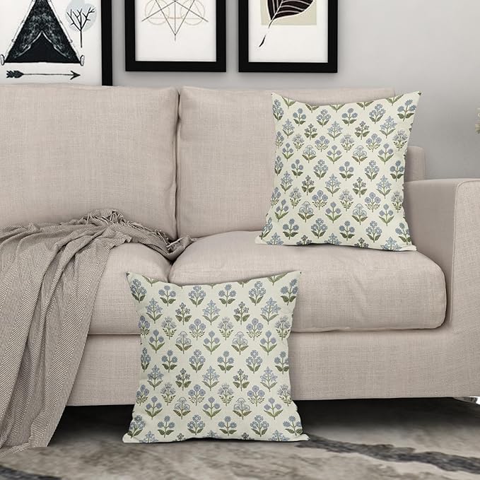 Blue Green Block Print Pillow Covers 18x18 Inch Set of 2, Vintage Floral Spring Decorative Throw Pillow Cases Boho Cushion Covers Rustic Decoration Gift Farmhouse Sofa Couch Bed Decor