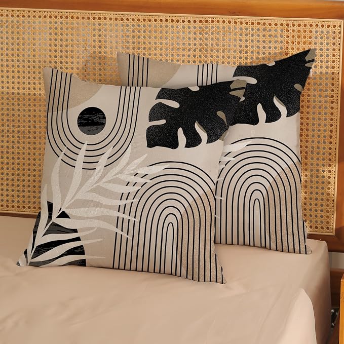 Boho Black Pillow Covers 18x18 Inch Set of 2 Black BeigeTropical Leaf Decor Mid Century Throw Pillows Outdoor Bohemian Modern Decorative Pillowcase Farmhouse Linen Cushion Case for Couch Sofa