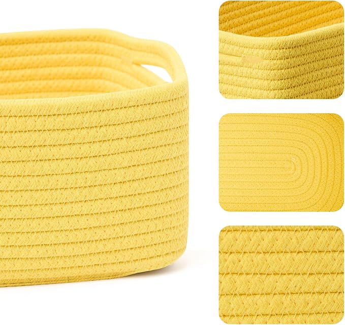 MiniArk Small Storage Baskets for Organizing | Closet Organizer Bins | Shelf Toy Basket | Woven Rope Baskets | Cube Decorative Box | Shallow Basket | 13x8.5x5.1” | 4 Packs Yellow