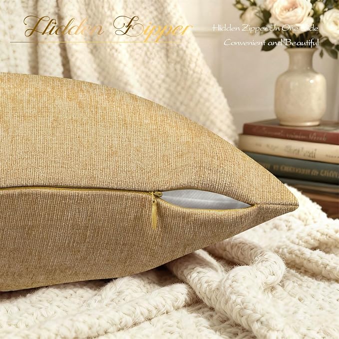 BRAWARM Throw Pillow Covers 20x20 Inches - Gold Chenille Pillow Covers Pack of 2, Solid Dyed Soft Chenille Pillow Cases for Couch Sofa Bed Home Decoration