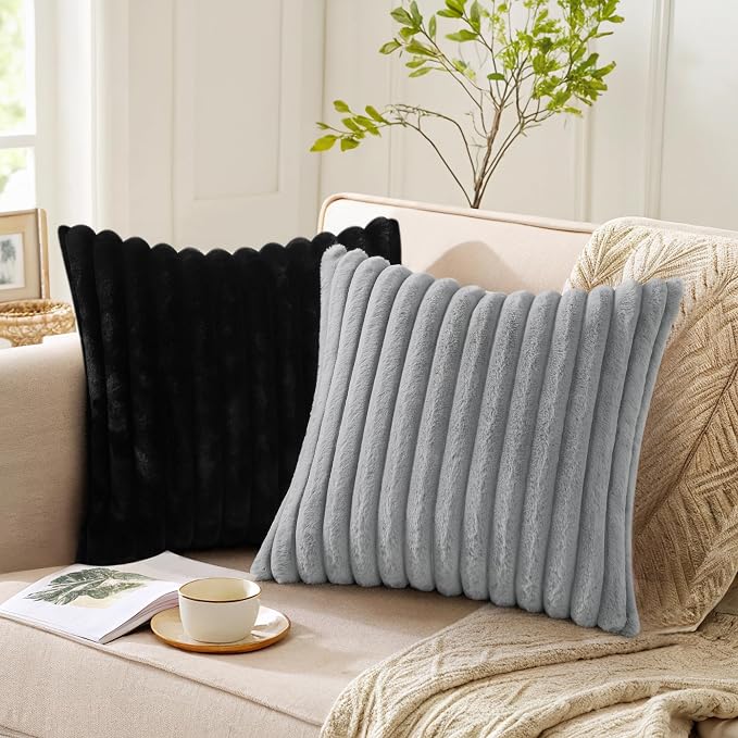 Pallene Faux Fur Decorative Throw Pillow Covers 22x22 Set of 2, Black | Luxury Plush Texture, Striped Design, Cozy Soft Touch, Modern Home Accent Decor for Couch, Sofa, Bed, Living Room