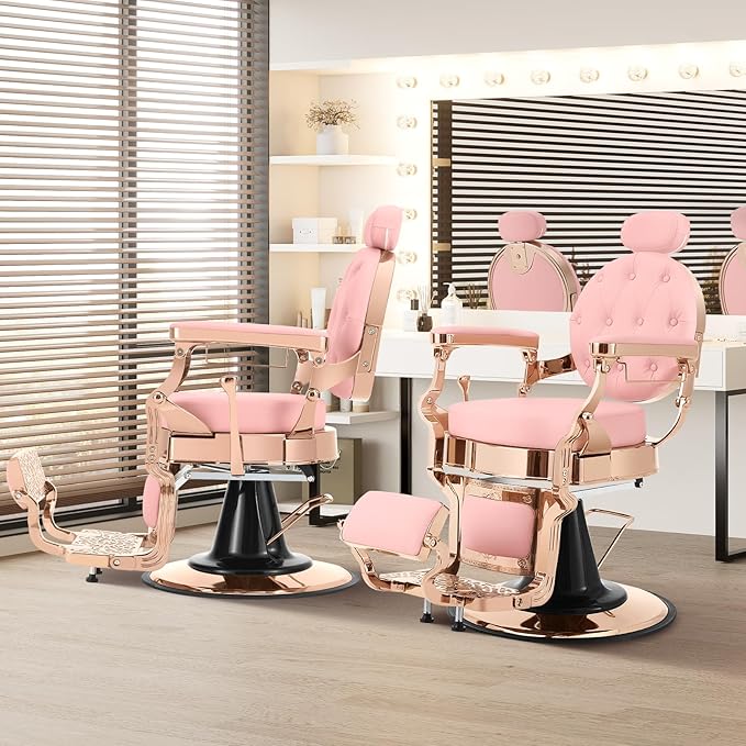 Vintage Barber Chair for Barbershop, Heavy Duty Recline Hair Salon Chair for Home Hair Beauty Stylist, Professional Salon Spa Shampoo Equipment, Supports up to 550lbs & 360° Swivel, Rose Gold