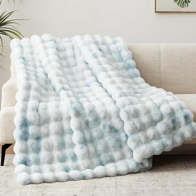 Anysay Faux Fur Throw Blanket, 1000GSM Fluffy Soft Bubble Blanket 80''*90'' | Cozy Plush Warm and Thick Blanket for Couch Bed, Fuzzy Rabbit Throw for Living Room Bedroom Tie-dye Blue