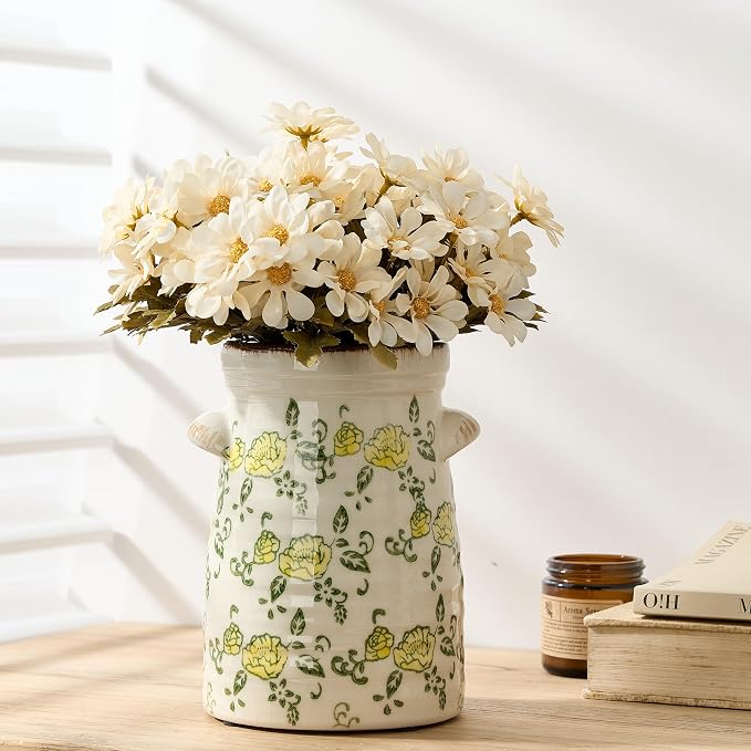 SIDUCAL Ceramic Rustic Vase with 2-Ear, 7.6 Inch Ice Cracked Vintage Pastoral Vase, Rustic Farmhouse Vases for Home Decor, Table, Living Room, Shelf Decor, Chinoiserie Decor, Yellow Rose Pattern
