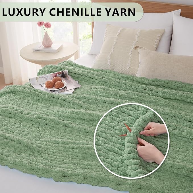 L'AGRATY Chunky Knit Throw Blanket for Couch, 60 x 80 Inches, Sage Green | Handmade Chenille Crochet Blanket for Sofa Bed, Thick Cable Knitted Blankets for Room Home Decor, Birthday Gift for Women Mom