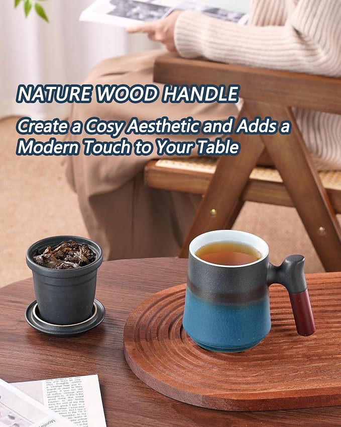 ZENS Gradient Blue Tea Cup with Infuser and Lid, 14.5oz Wood Handle Tea Mug, Loose Leaf Tea Steeper & Strainer, Tea Lovers Gifts