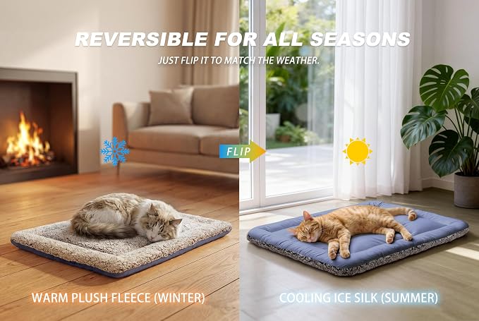 Cooling Mat for Cats, Reversible Self Warming Cat Bed, Dark Blue, 24x36 In | Cool-Touch Ice Silk Side, Plush Fleece Warm Side, Heat-Reflective Foil for Indoor Cats, Kittens, Small Dogs and Crates
