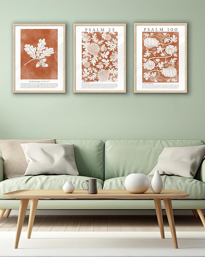 EcoHest 12x16in Psalm 100 Pumpkin Thanksgiving Botanical Christian Wall Art | Natural Oak Wood Frame with Canvas Wall Art, Fall Scripture Bible Verse Decor for Bedroom, Living Room, Office, Church, 1Pack