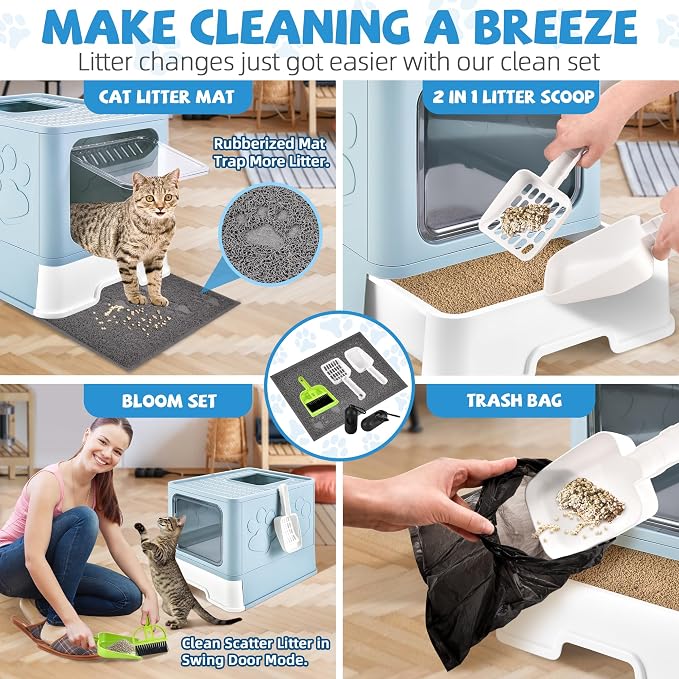 Covered Cat Litter Box, Extra Large Drawer Design with Dual Entry, Blue | 13L litter capacity, adjustable door, leakproof structure, cleaning accessories, complimentary cat litter mat