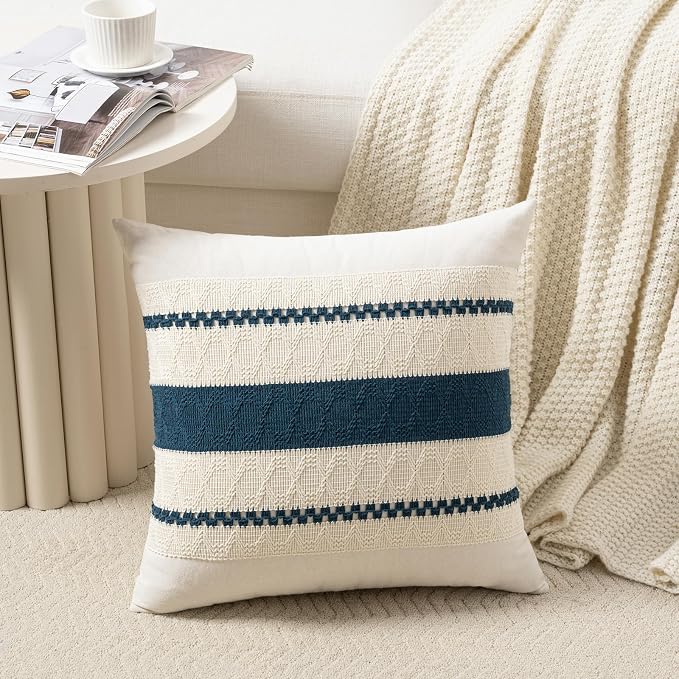 Fancy Homi Set of 2 Boho Teal Euro Decorative Throw Pillow Cover 26x26 Inch for Couch Bed Bedroom, Aesthetic Modern Organic Farmhouse Room Decor, Soft Cotton Accent Macrame Woven Cushion Case